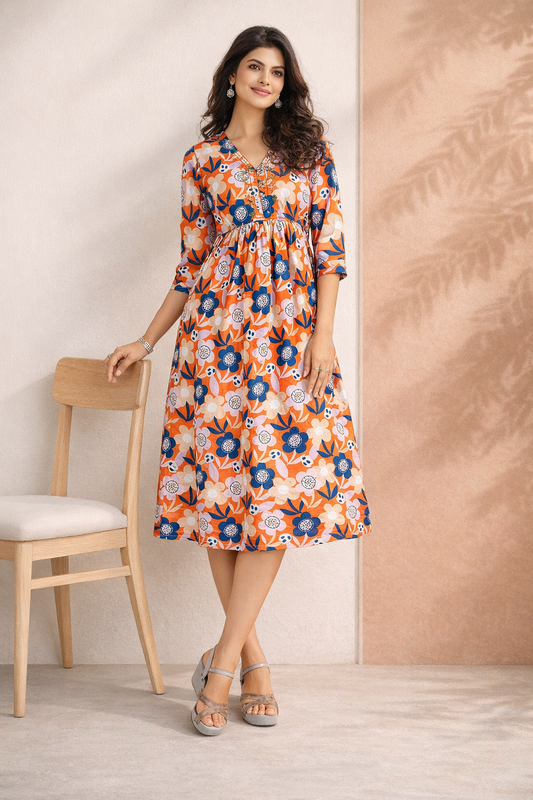 Minu Fashions Women Satin Floral Printed Flared Kurti