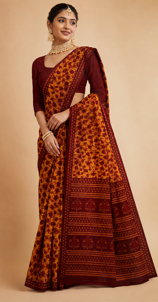 Malang Maroon And Mustard Yellow Floral Print Cotton Saree