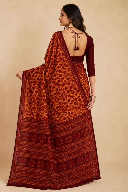 Malang Maroon And Mustard Yellow Floral Print Cotton Saree