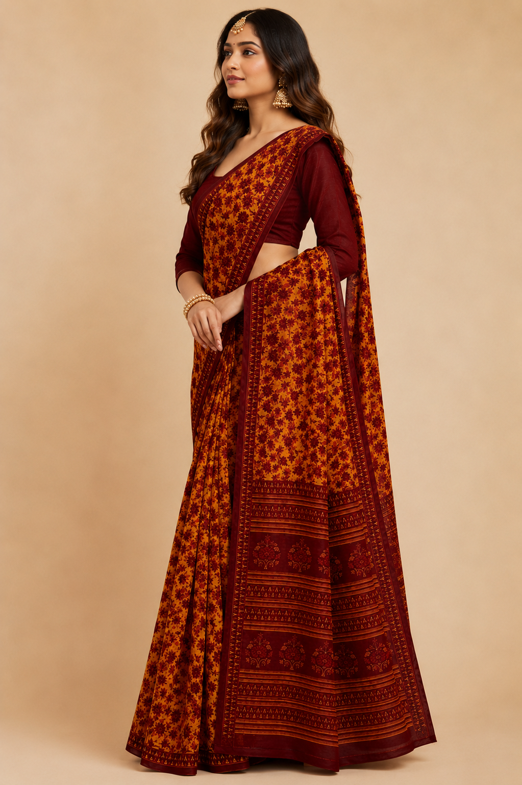 Malang Maroon And Mustard Yellow Floral Print Cotton Saree