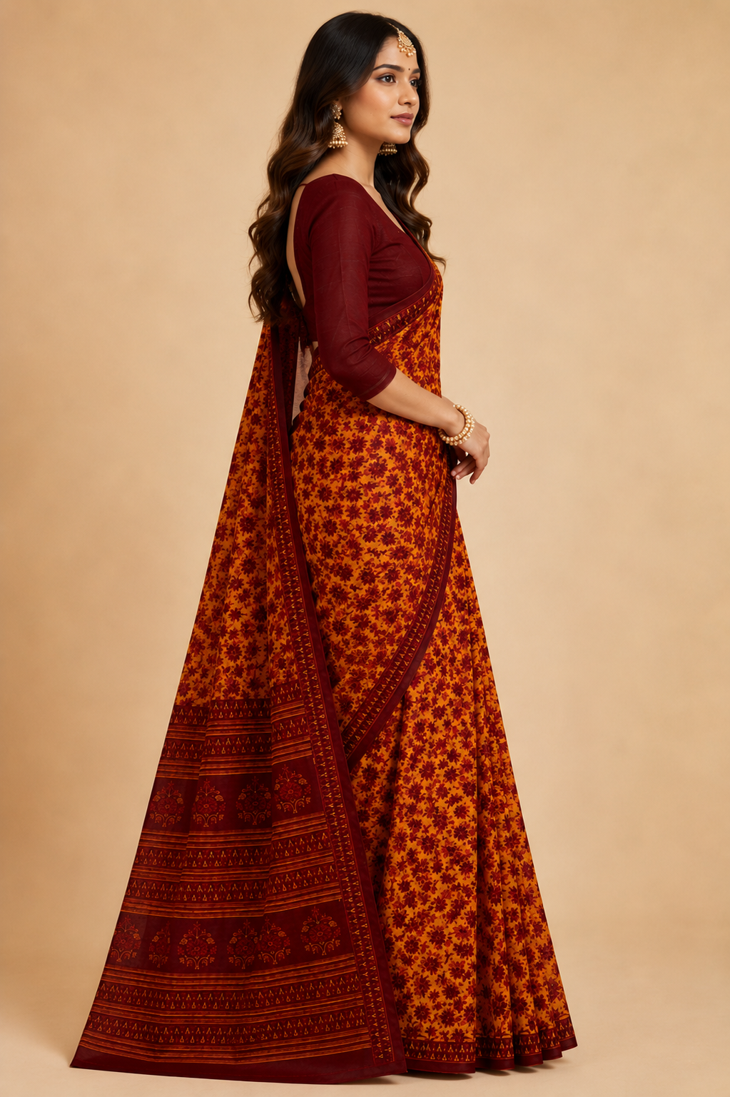 Malang Maroon And Mustard Yellow Floral Print Cotton Saree