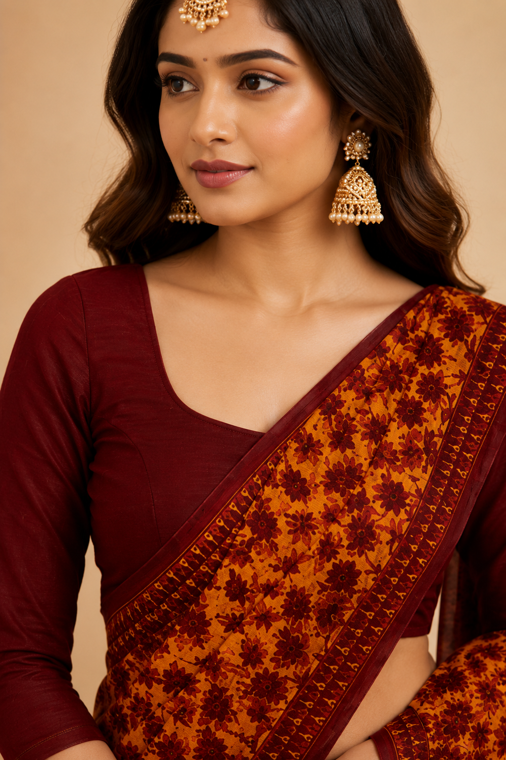 Malang Maroon And Mustard Yellow Floral Print Cotton Saree