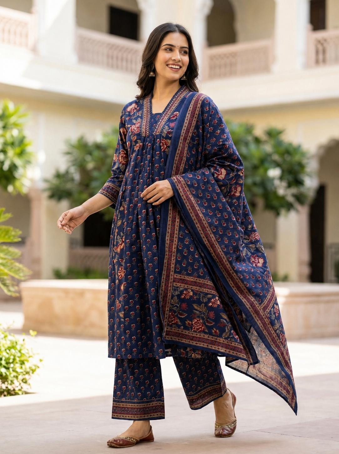 Naina Green Floral Print Five Panel Cotton Salwar Suit Set | Ank