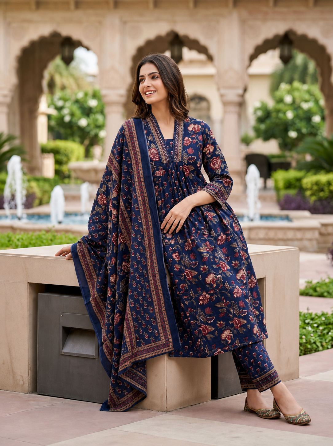 Naina Green Floral Print Five Panel Cotton Salwar Suit Set | Ank