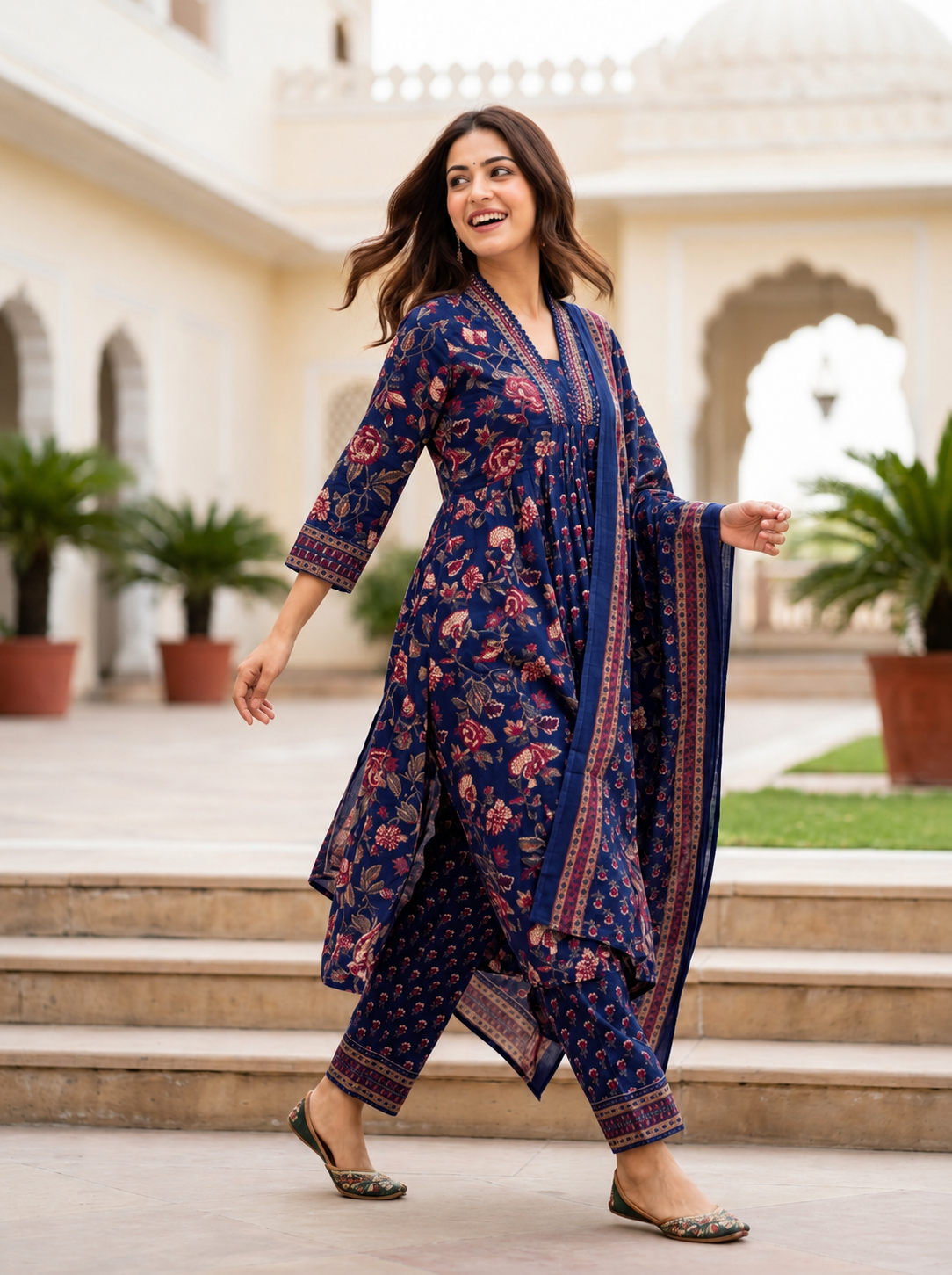 Naina Green Floral Print Five Panel Cotton Salwar Suit Set | Ank