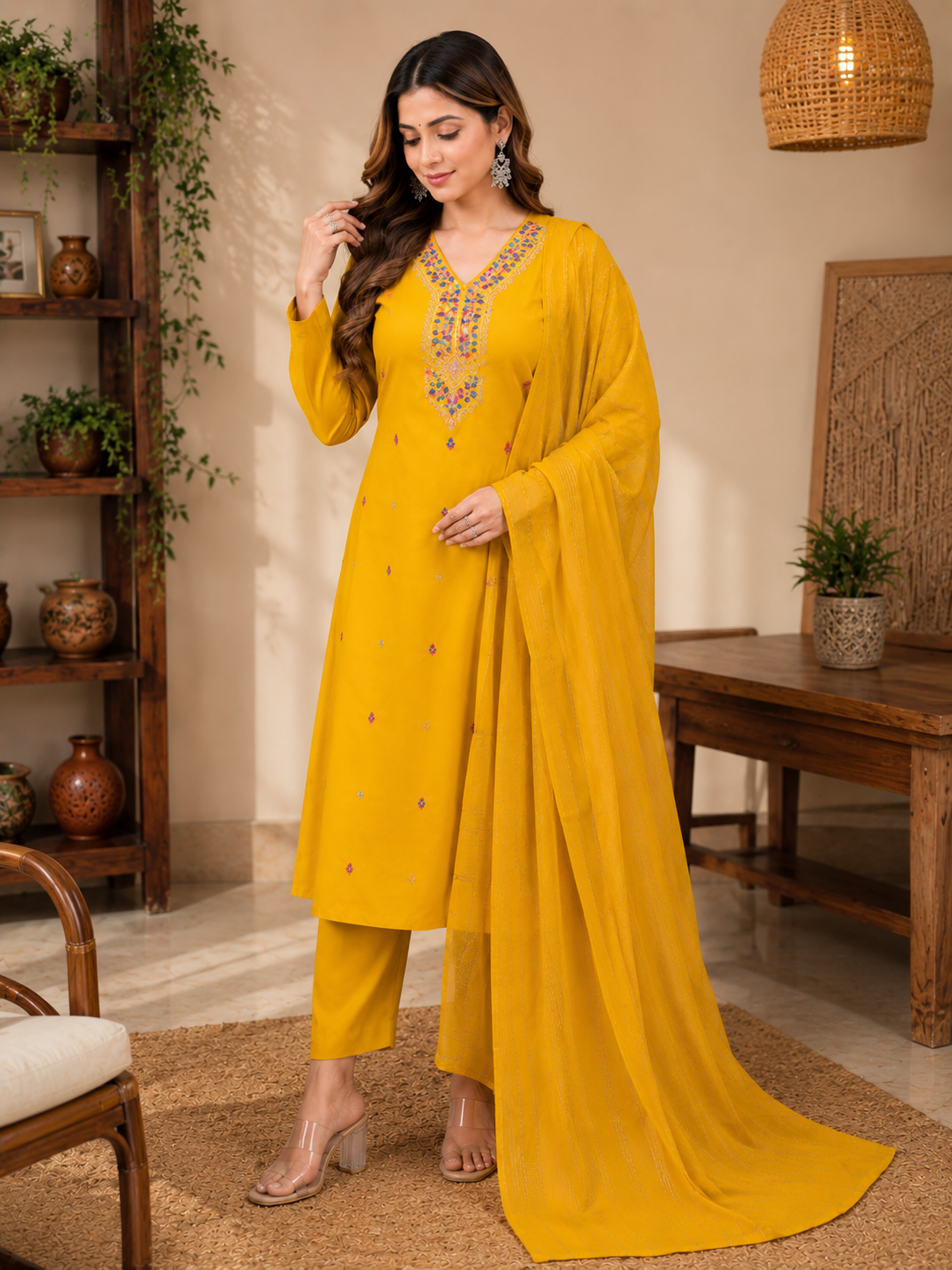 Minu Fashions Women Embroidered Roman Silk Straight Kurta with Trouser & Viscose Dupatta (3-Piece Set)