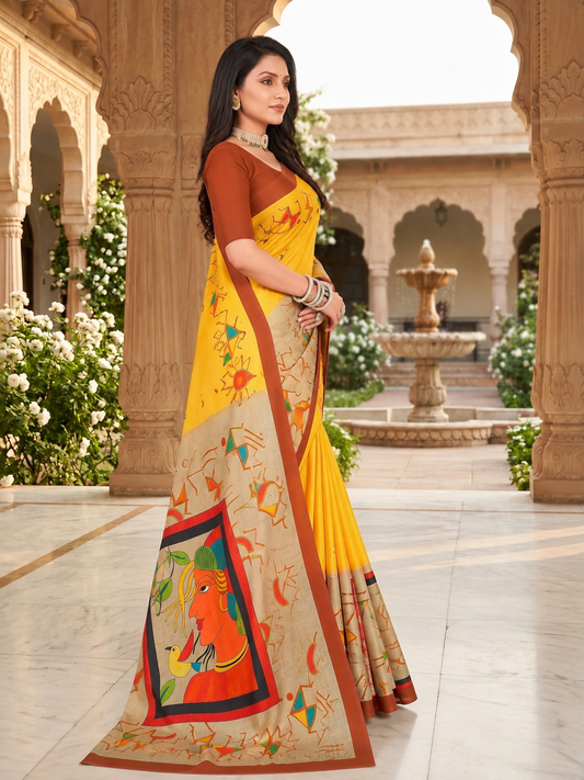 Digital Fashion Yellow Printd Saree