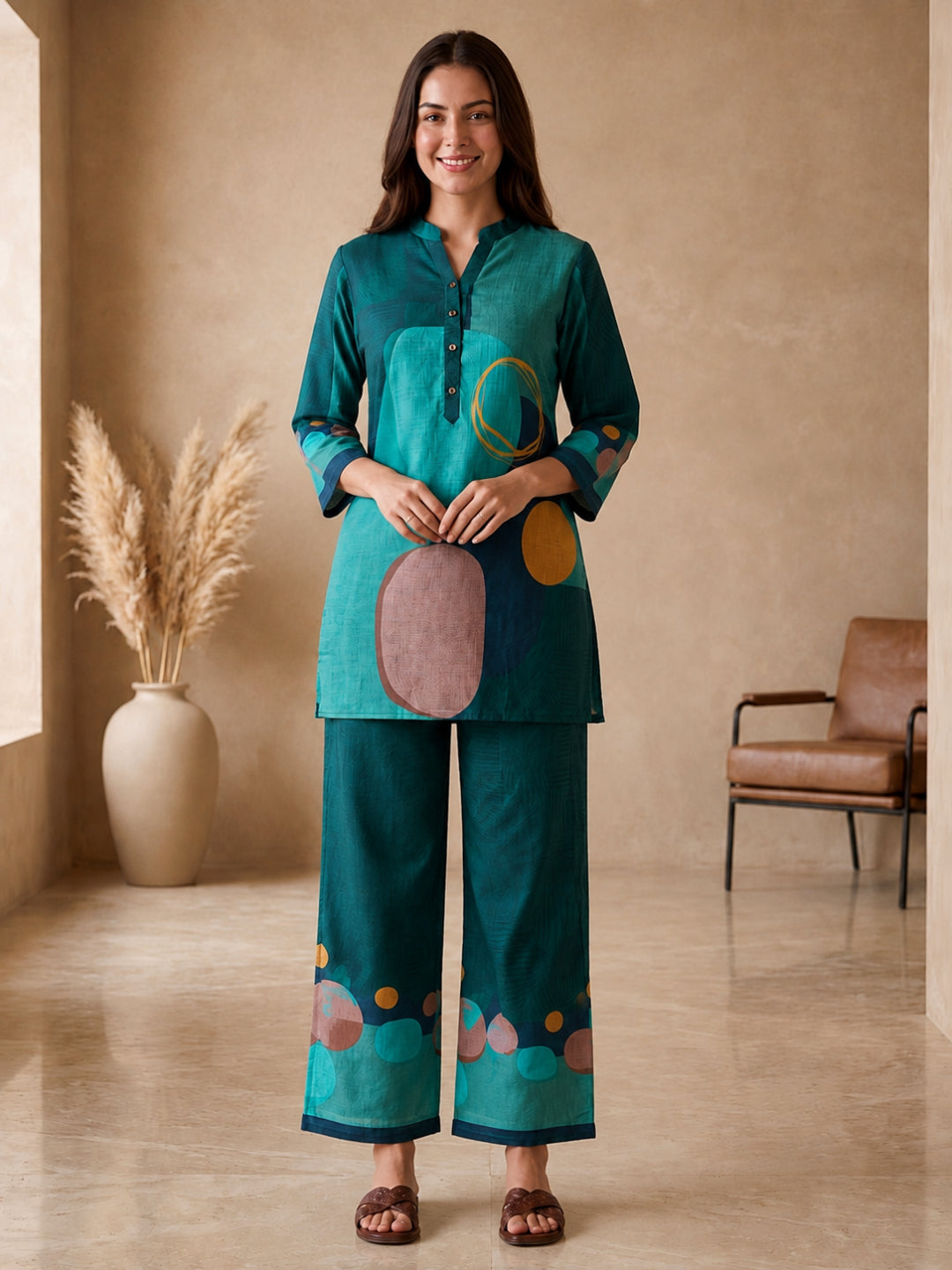 Juni Cotton Slub Digital Print Co-Ord Set for Women