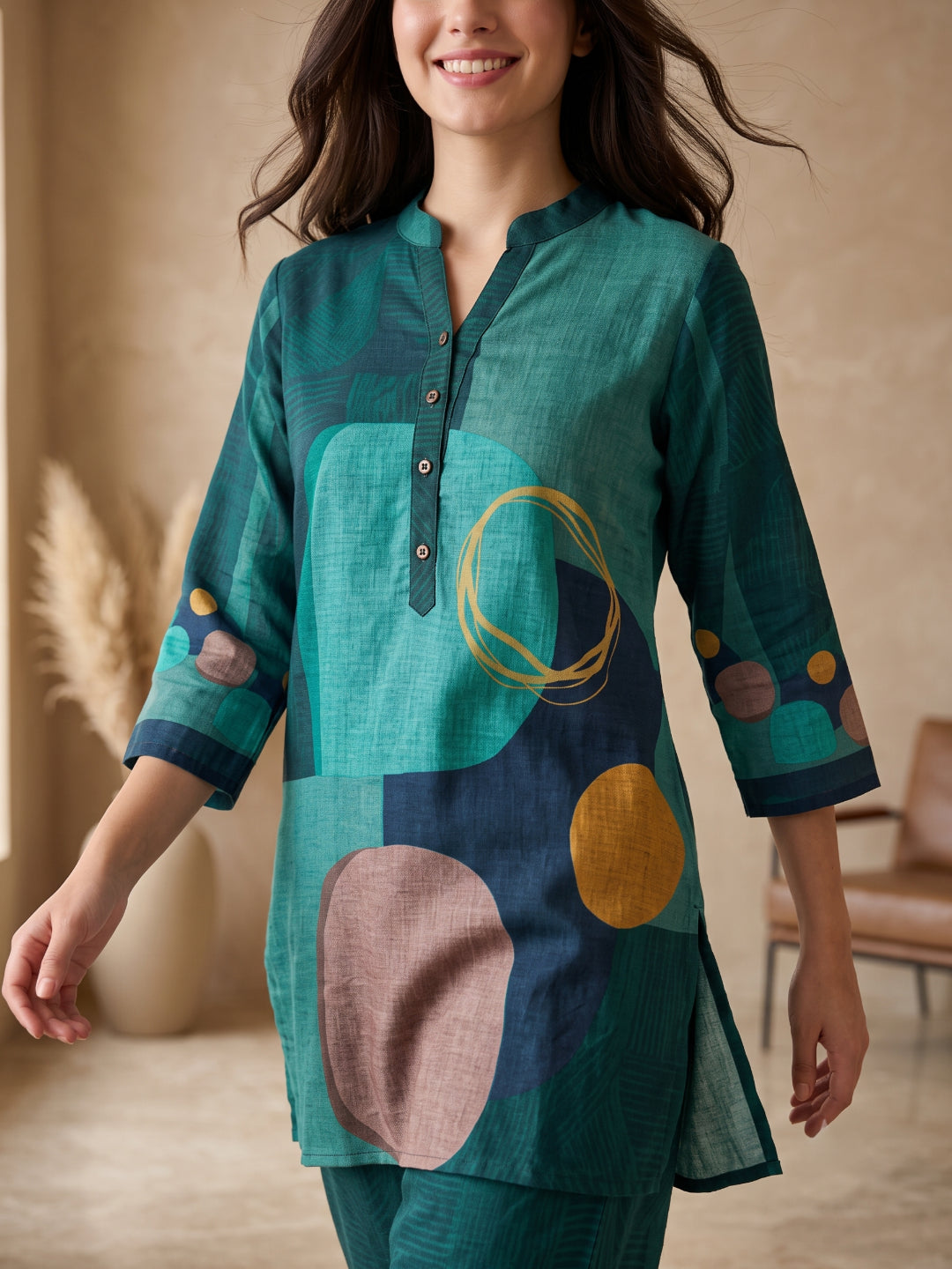 Juni Cotton Slub Digital Print Co-Ord Set for Women