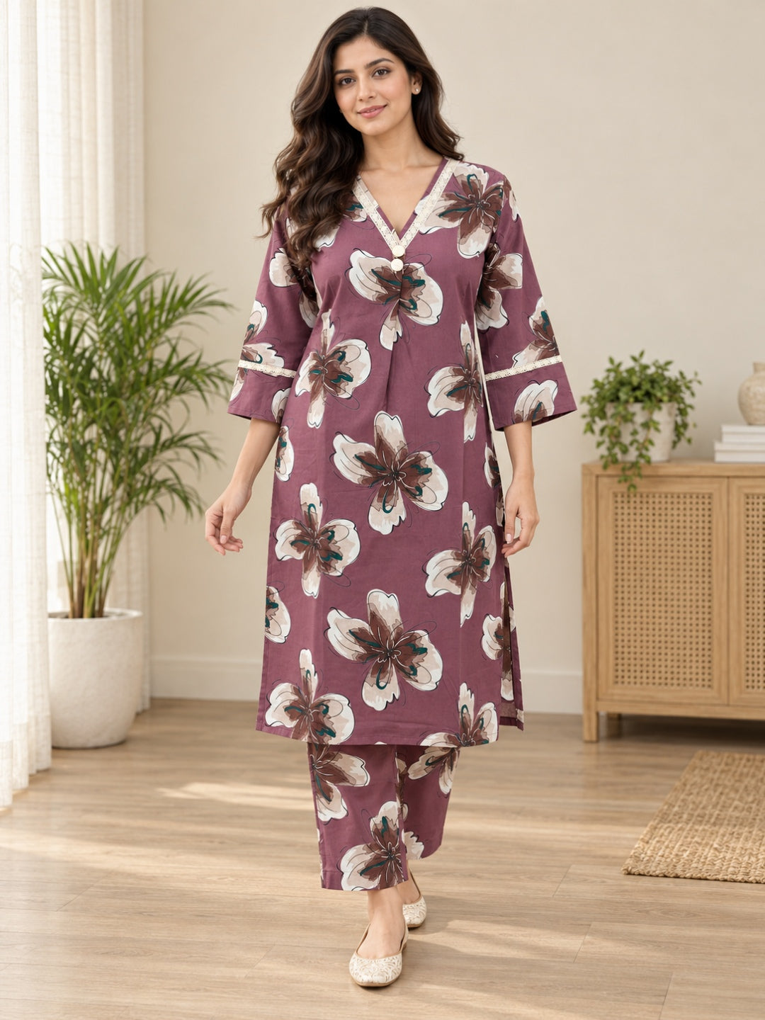 Anouk Luna Dusty Rose Pure Cotton Digital Print Co-Ord Set for Women | V Neck Lace Work Straight Fit Top with Elasticated Waist Trouser