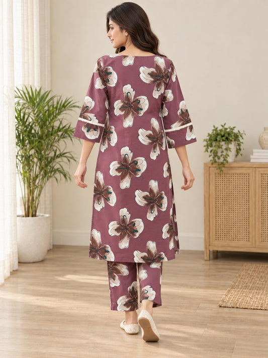 Anouk Luna Dusty Rose Pure Cotton Digital Print Co-Ord Set for Women | V Neck Lace Work Straight Fit Top with Elasticated Waist Trouser