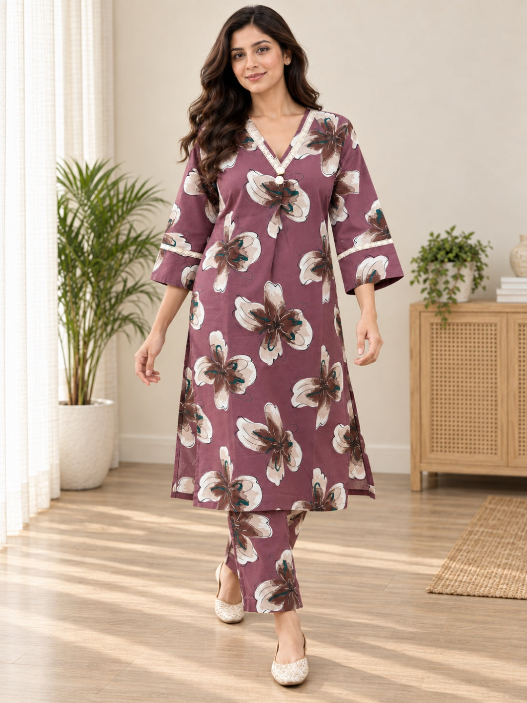 Anouk Luna Dusty Rose Pure Cotton Digital Print Co-Ord Set for Women | V Neck Lace Work Straight Fit Top with Elasticated Waist Trouser