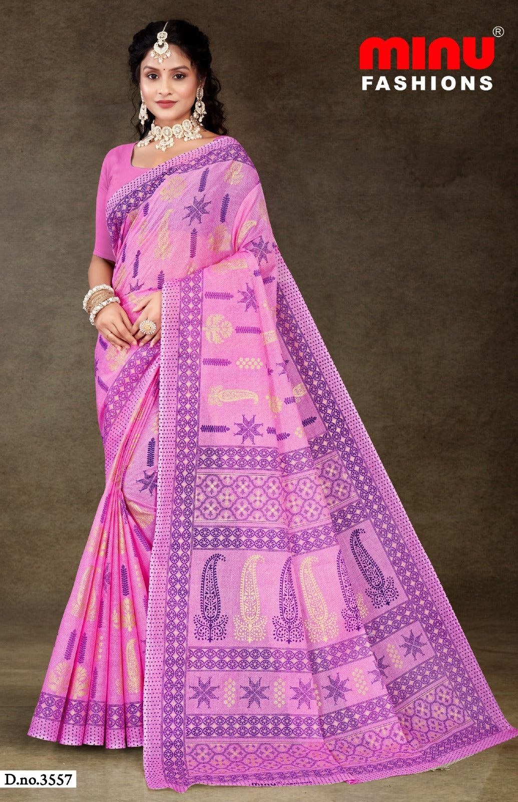 Minu Fashions Daisy 3 Saree – Purple with Lilac accents, traditional printed cotton saree for women.