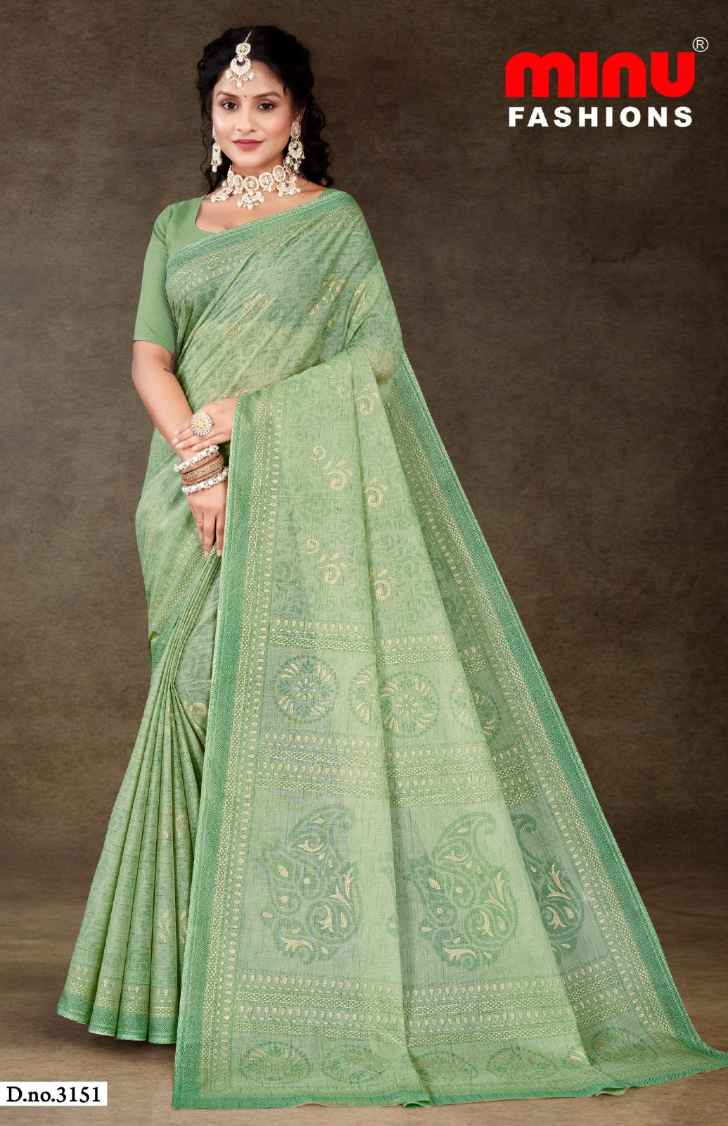 Minu Fashions Daisy 3 Saree – Light Green with Mint accents, pure cotton saree with traditional patterns.