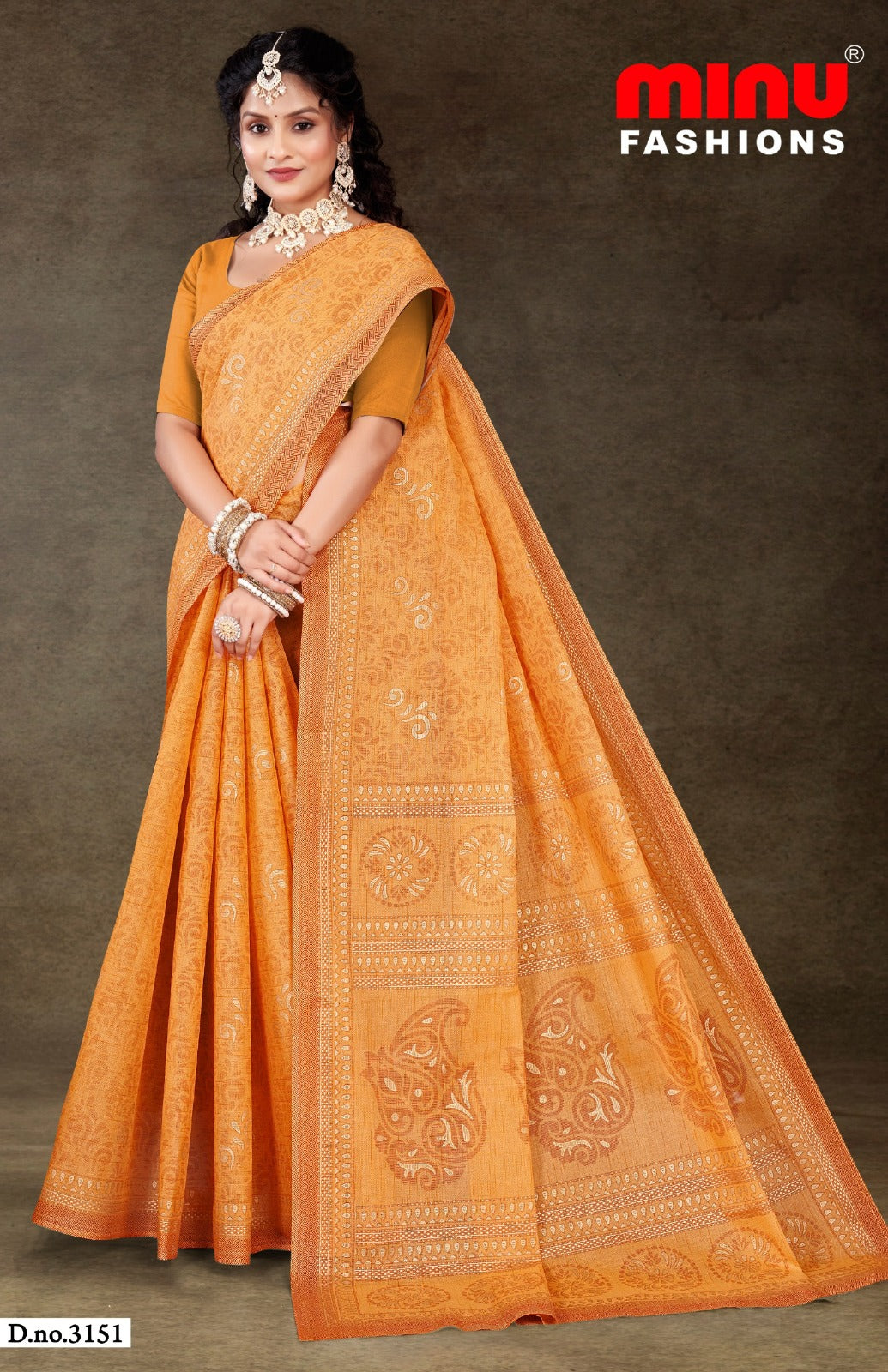 Minu Fashions Daisy 3 Saree – Mustard Yellow with Light Yellow accents, festive cotton saree with ethnic motifs.