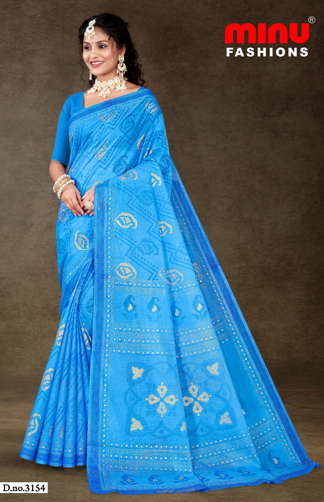 Minu Fashions Daisy 3 Saree – Royal Blue with Sky Blue accents, printed cotton saree for ethnic wear.