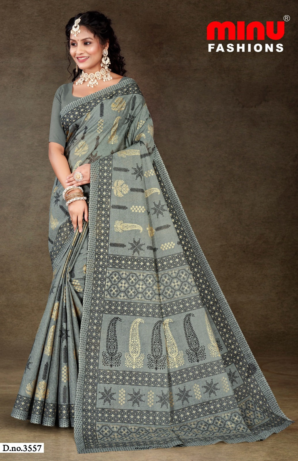 Minu Fashions Daisy 3 Saree – Grey with Black accents, classic cotton saree with traditional block prints