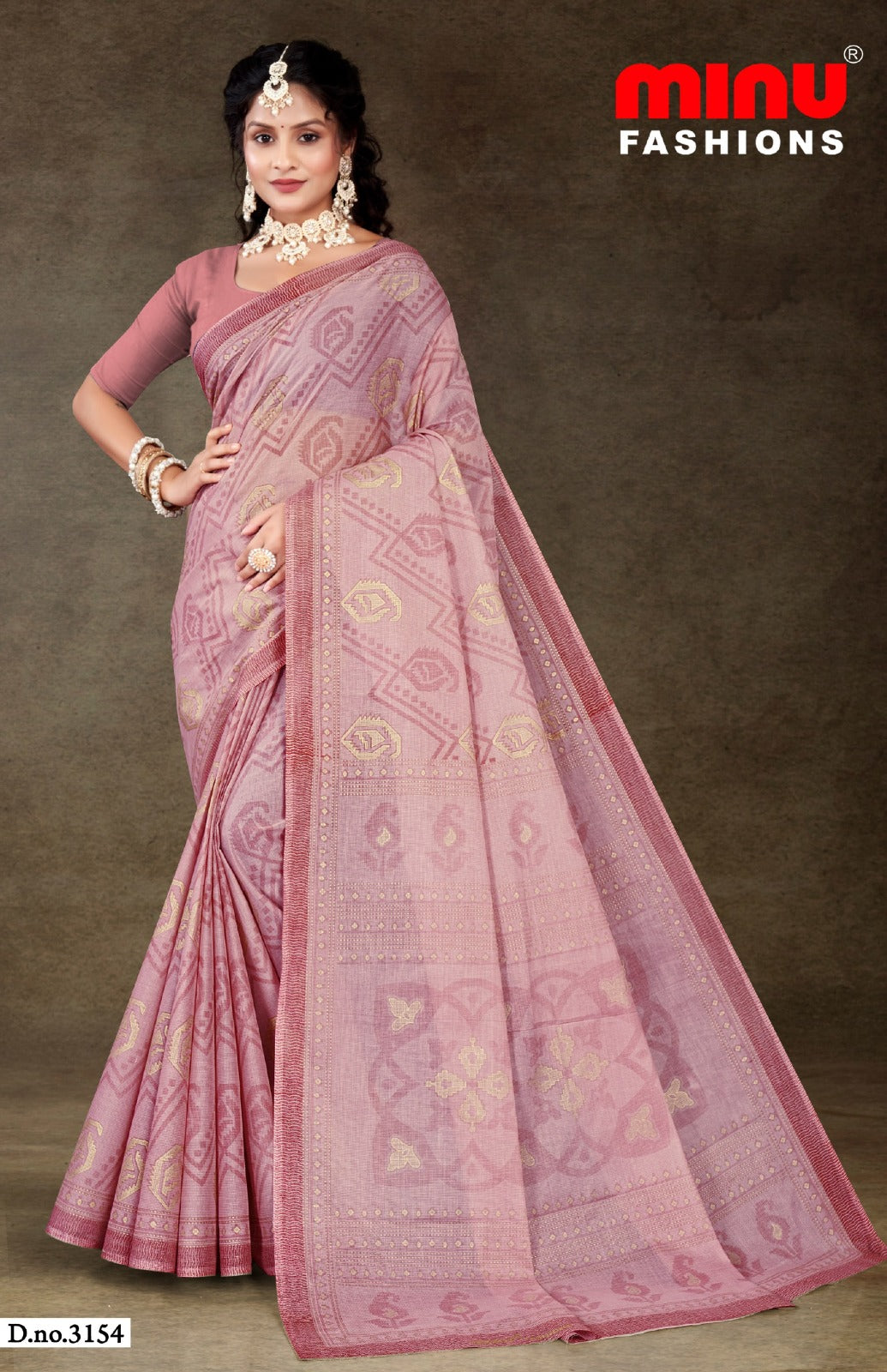 Minu Fashions Daisy 3 Saree – Peach Pink with Light Pink accents, soft cotton saree for festive and daily wear.
