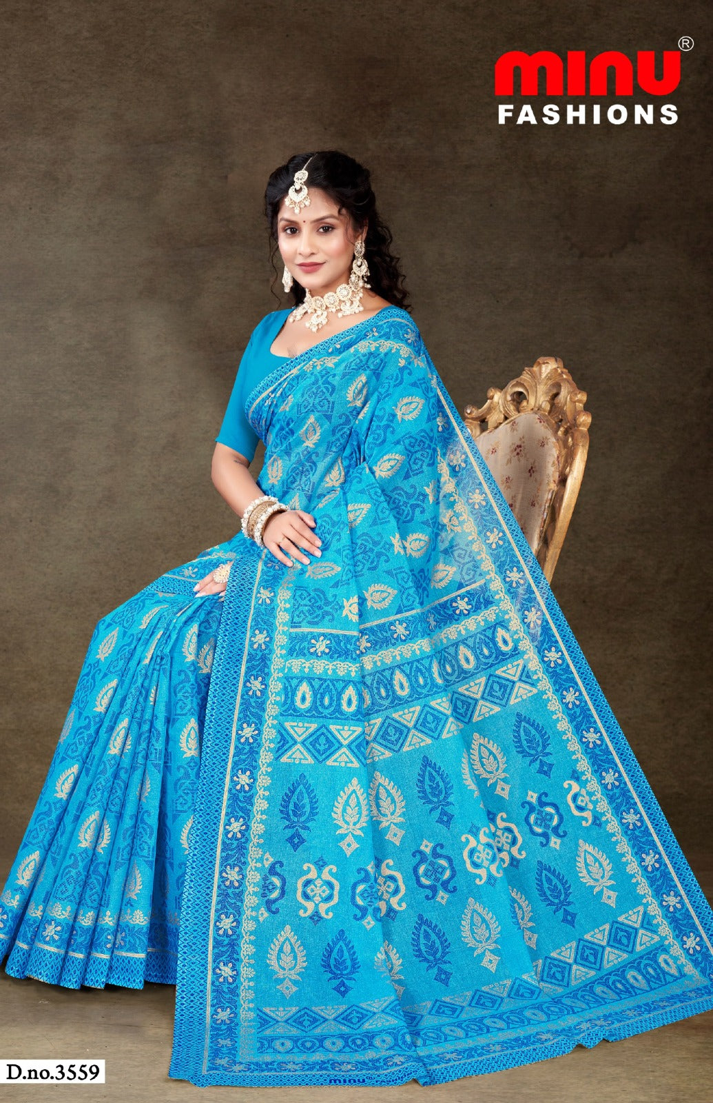 Minu Fashions Daisy 3 Saree – Turquoise Blue with Light Blue accents, vibrant cotton saree with ethnic designs