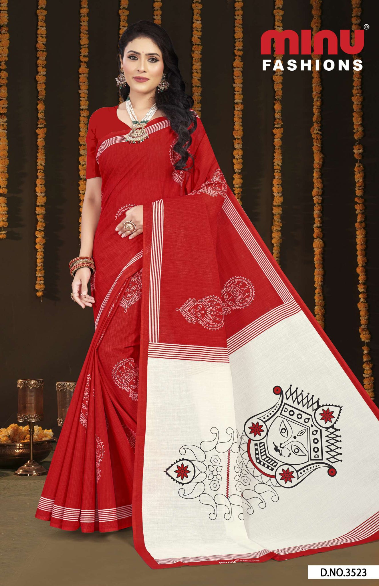 Saree Puja - Red & White Traditional Puja Saree