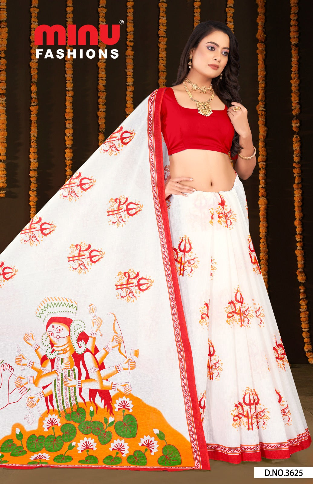 Saree Puja – Red & White Traditional Puja Saree