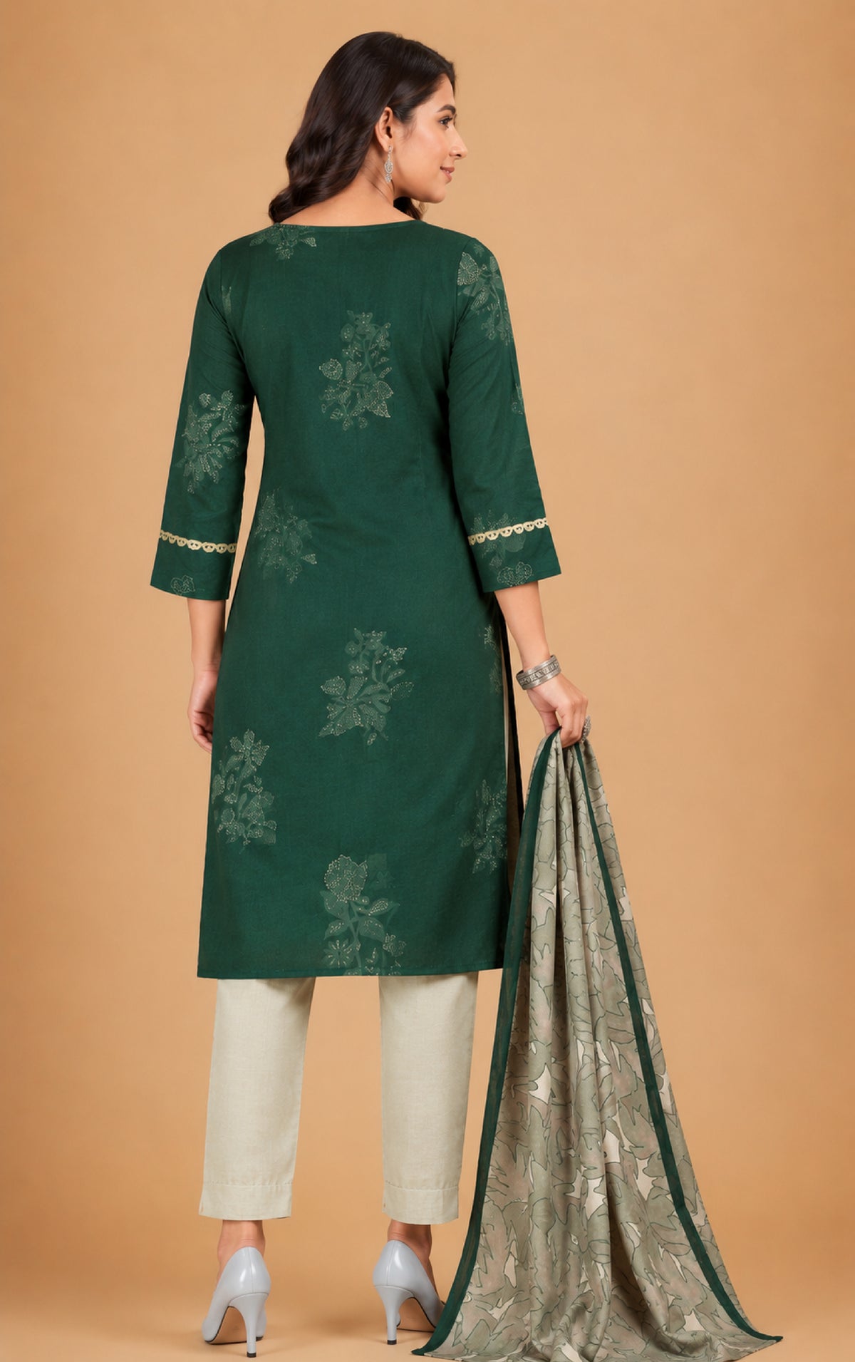 Emilia Women Floral Printed Modal Kurta with V-Neck and Three-Quarter Sleeves, Plain Salwar with Elasticated Waistband and Modal Dupatta Ethnic Set
