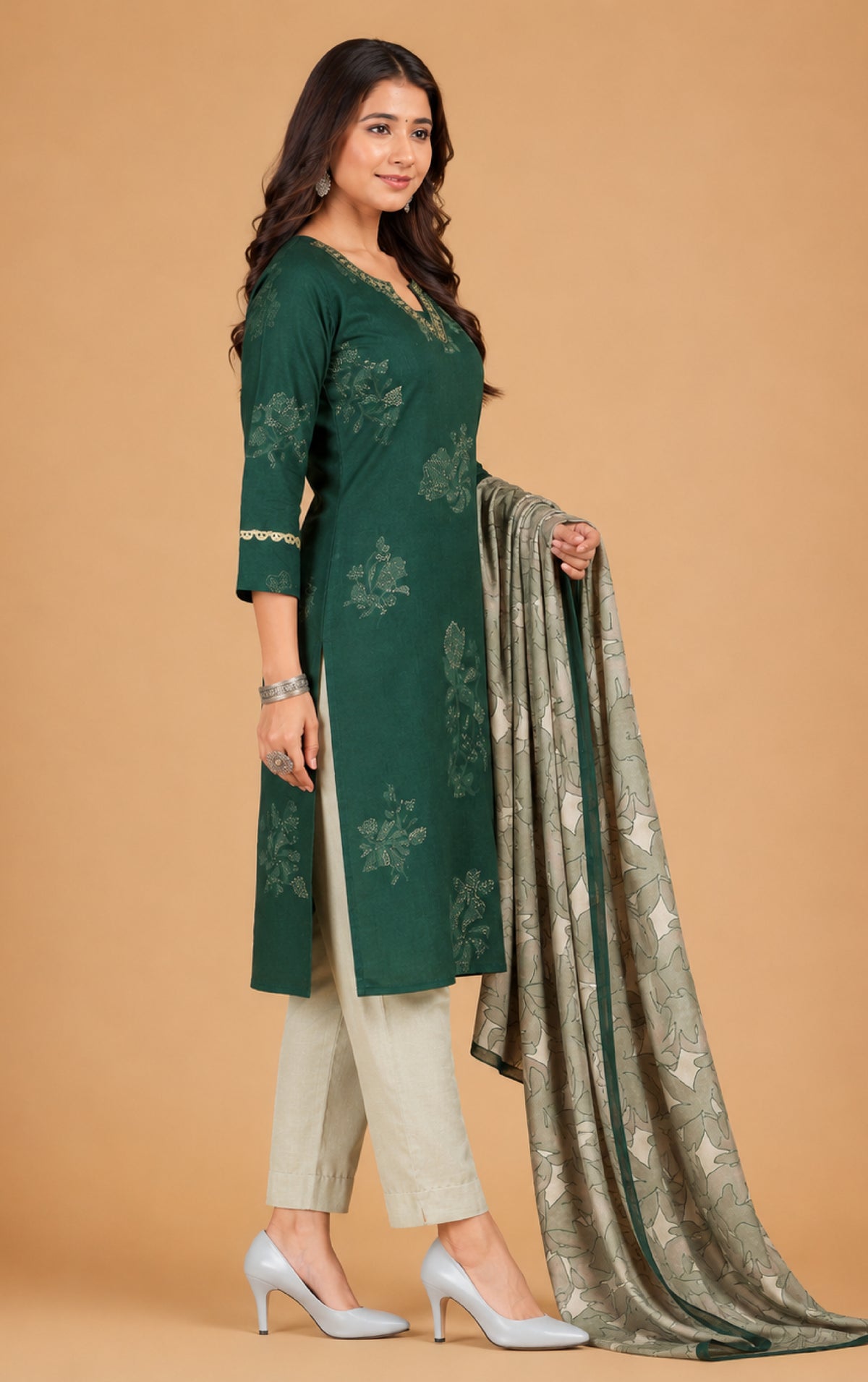Emilia Women Floral Printed Modal Kurta with V-Neck and Three-Quarter Sleeves, Plain Salwar with Elasticated Waistband and Modal Dupatta Ethnic Set