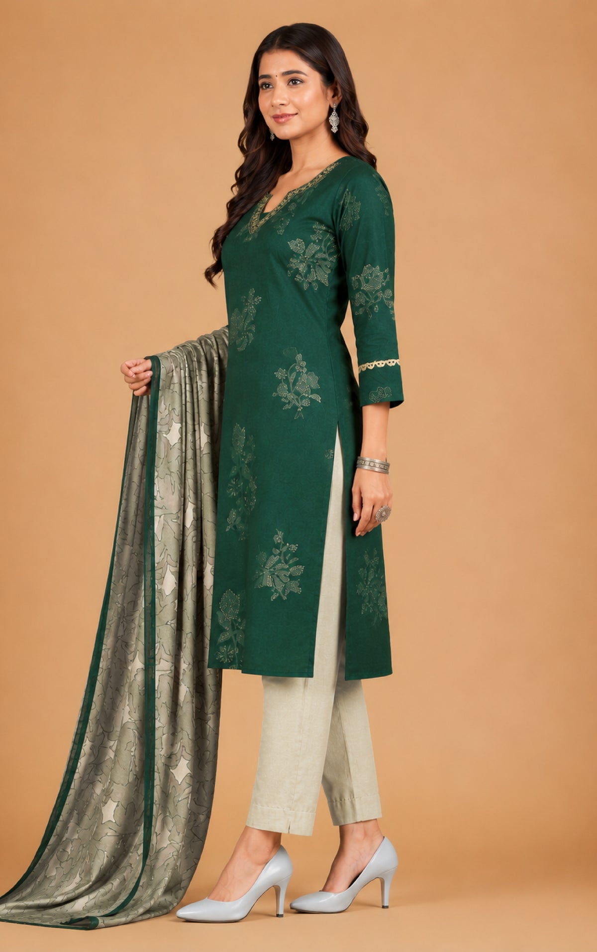 Emilia Women Floral Printed Modal Kurta with V-Neck and Three-Quarter Sleeves, Plain Salwar with Elasticated Waistband and Modal Dupatta Ethnic Set
