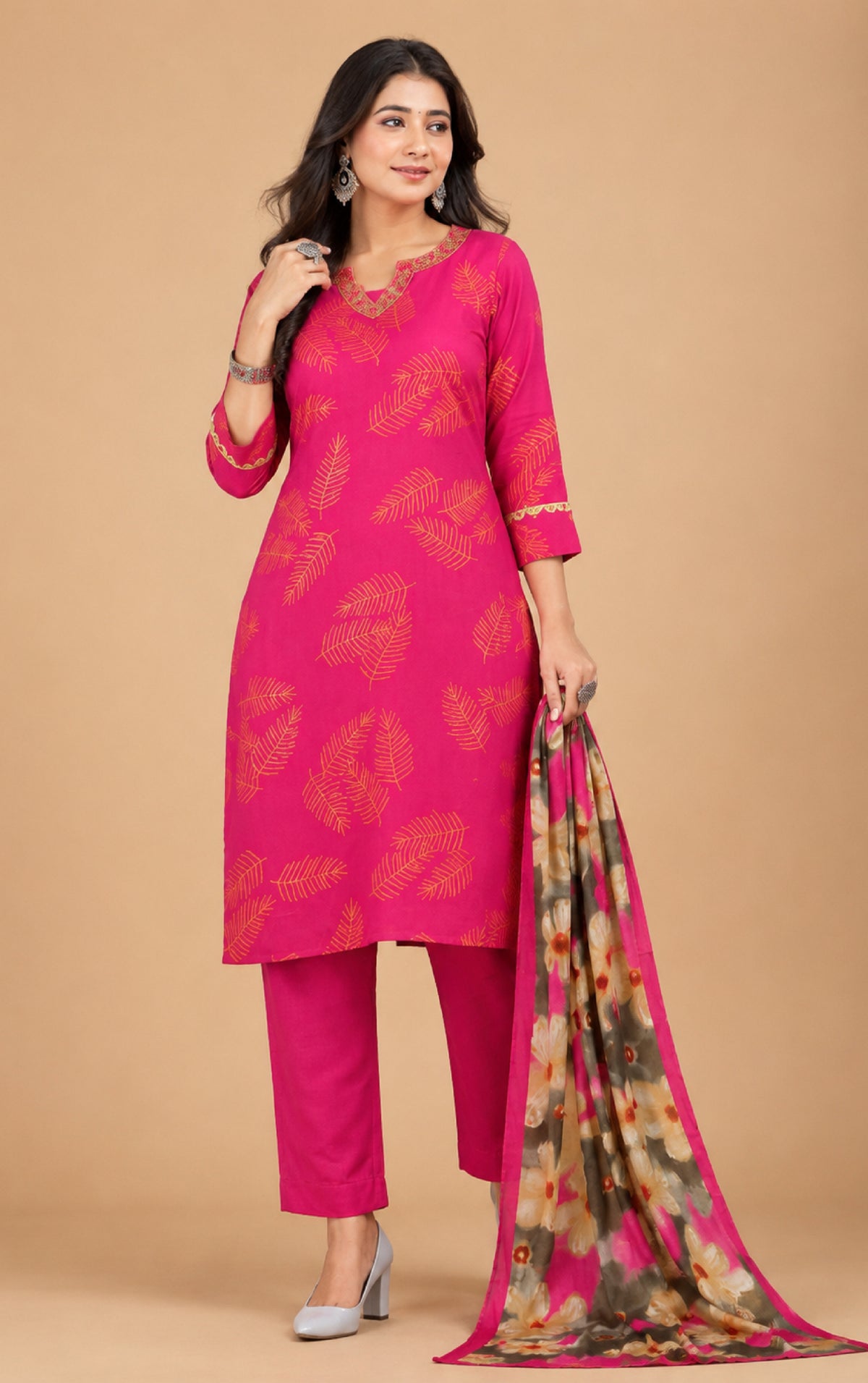Emilia Women Floral Printed Modal Kurta with V-Neck and Three-Quarter Sleeves, Plain Salwar with Elasticated Waistband and Modal Dupatta Ethnic Set