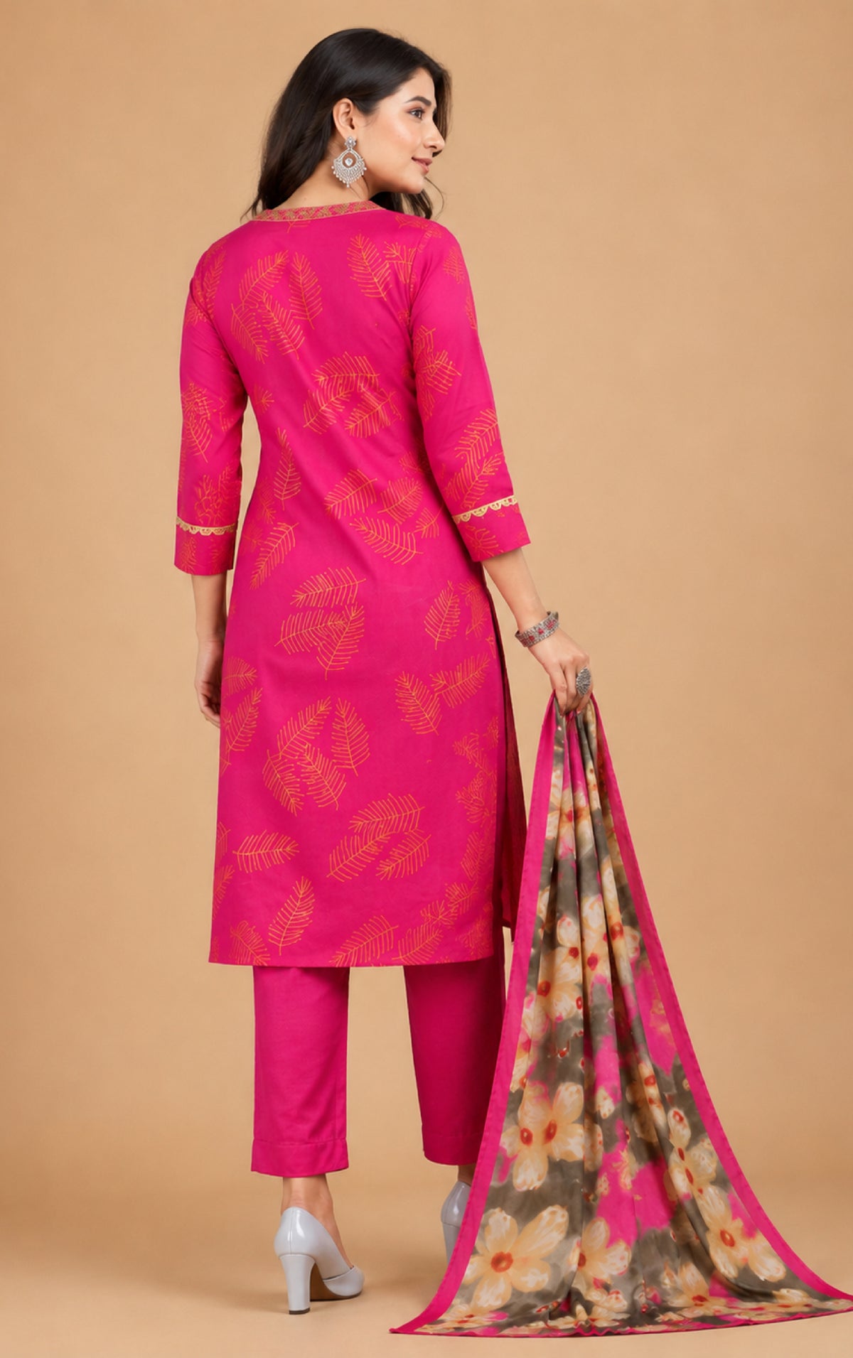 Emilia Women Floral Printed Modal Kurta with V-Neck and Three-Quarter Sleeves, Plain Salwar with Elasticated Waistband and Modal Dupatta Ethnic Set