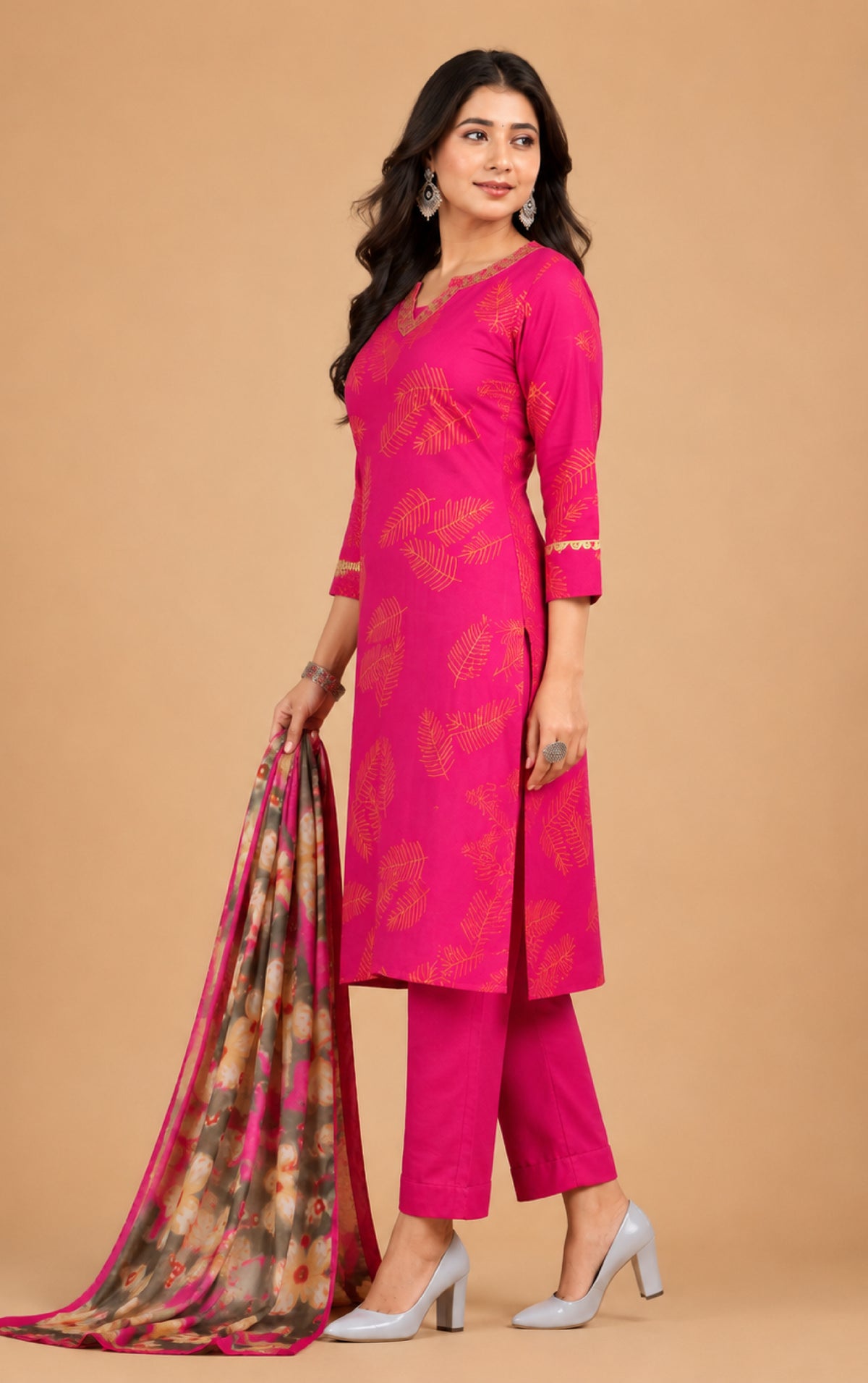 Emilia Women Floral Printed Modal Kurta with V-Neck and Three-Quarter Sleeves, Plain Salwar with Elasticated Waistband and Modal Dupatta Ethnic Set