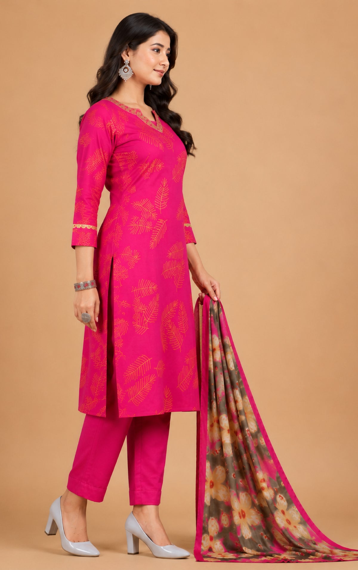 Emilia Women Floral Printed Modal Kurta with V-Neck and Three-Quarter Sleeves, Plain Salwar with Elasticated Waistband and Modal Dupatta Ethnic Set