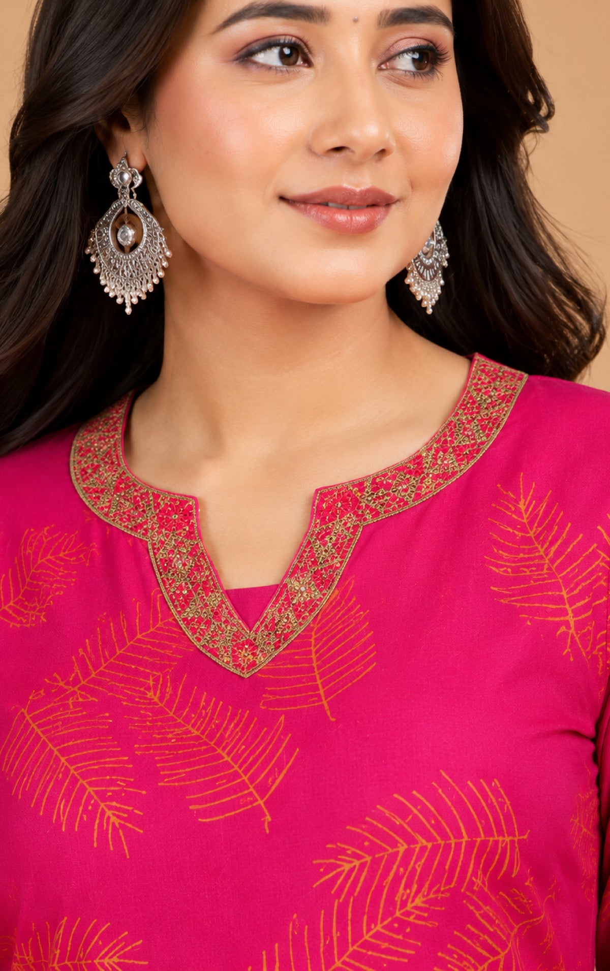 Emilia Women Floral Printed Modal Kurta with V-Neck and Three-Quarter Sleeves, Plain Salwar with Elasticated Waistband and Modal Dupatta Ethnic Set