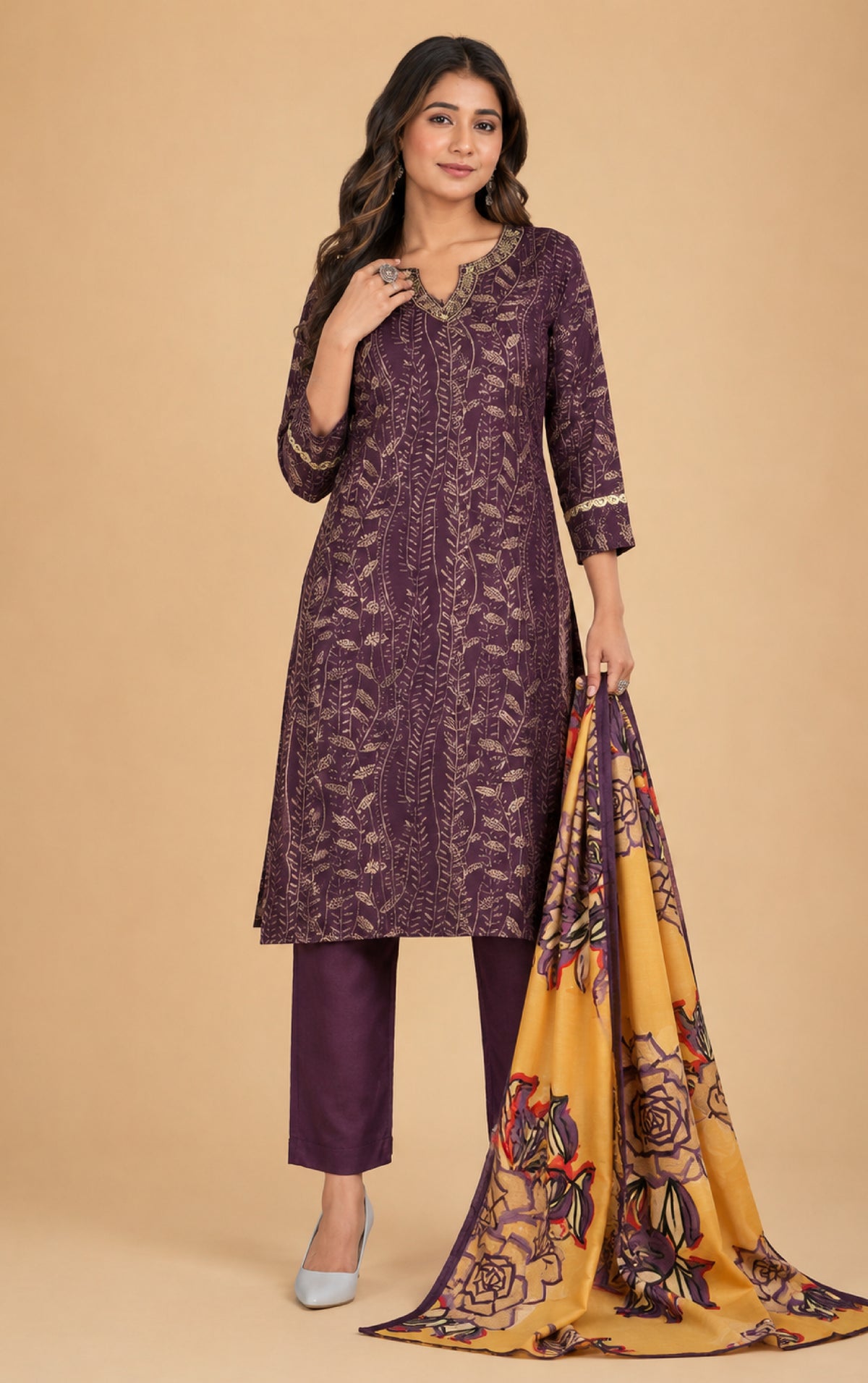 Emilia Women Floral Printed Modal Kurta with V-Neck and Three-Quarter Sleeves, Plain Salwar with Elasticated Waistband and Modal Dupatta Ethnic Set
