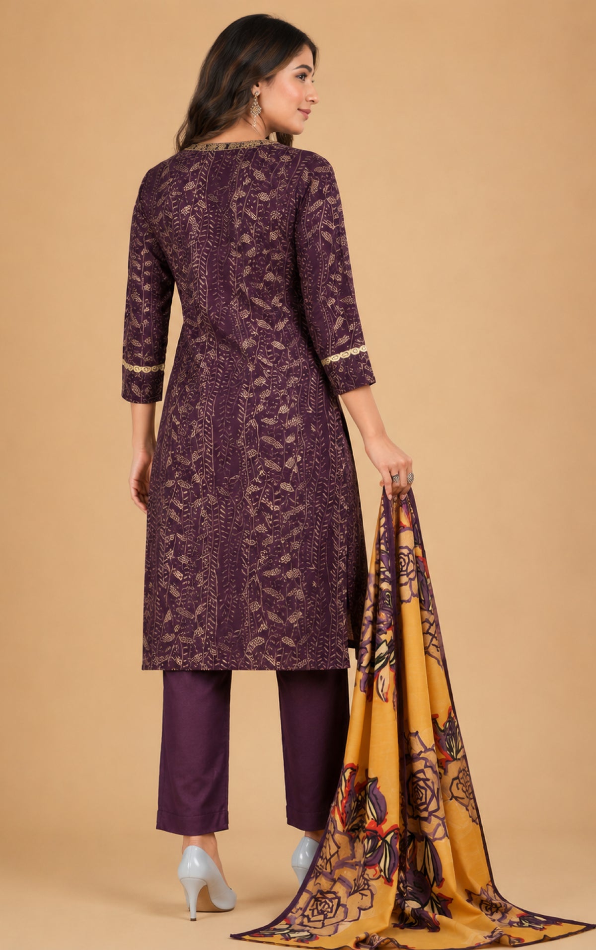 Emilia Women Floral Printed Modal Kurta with V-Neck and Three-Quarter Sleeves, Plain Salwar with Elasticated Waistband and Modal Dupatta Ethnic Set