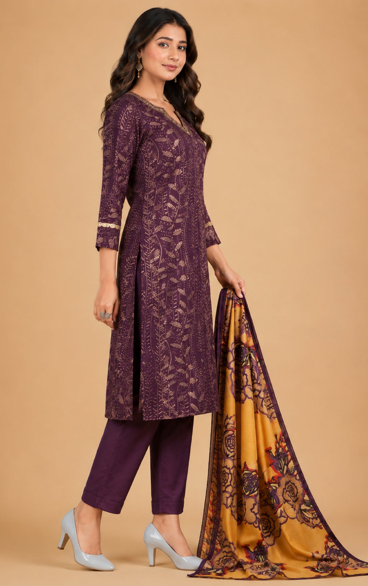 Emilia Women Floral Printed Modal Kurta with V-Neck and Three-Quarter Sleeves, Plain Salwar with Elasticated Waistband and Modal Dupatta Ethnic Set