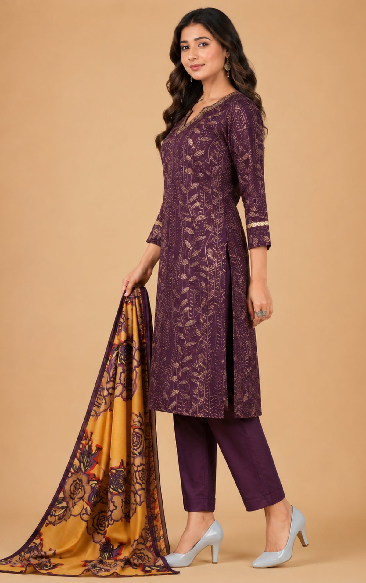 Emilia Women Floral Printed Modal Kurta with V-Neck and Three-Quarter Sleeves, Plain Salwar with Elasticated Waistband and Modal Dupatta Ethnic Set