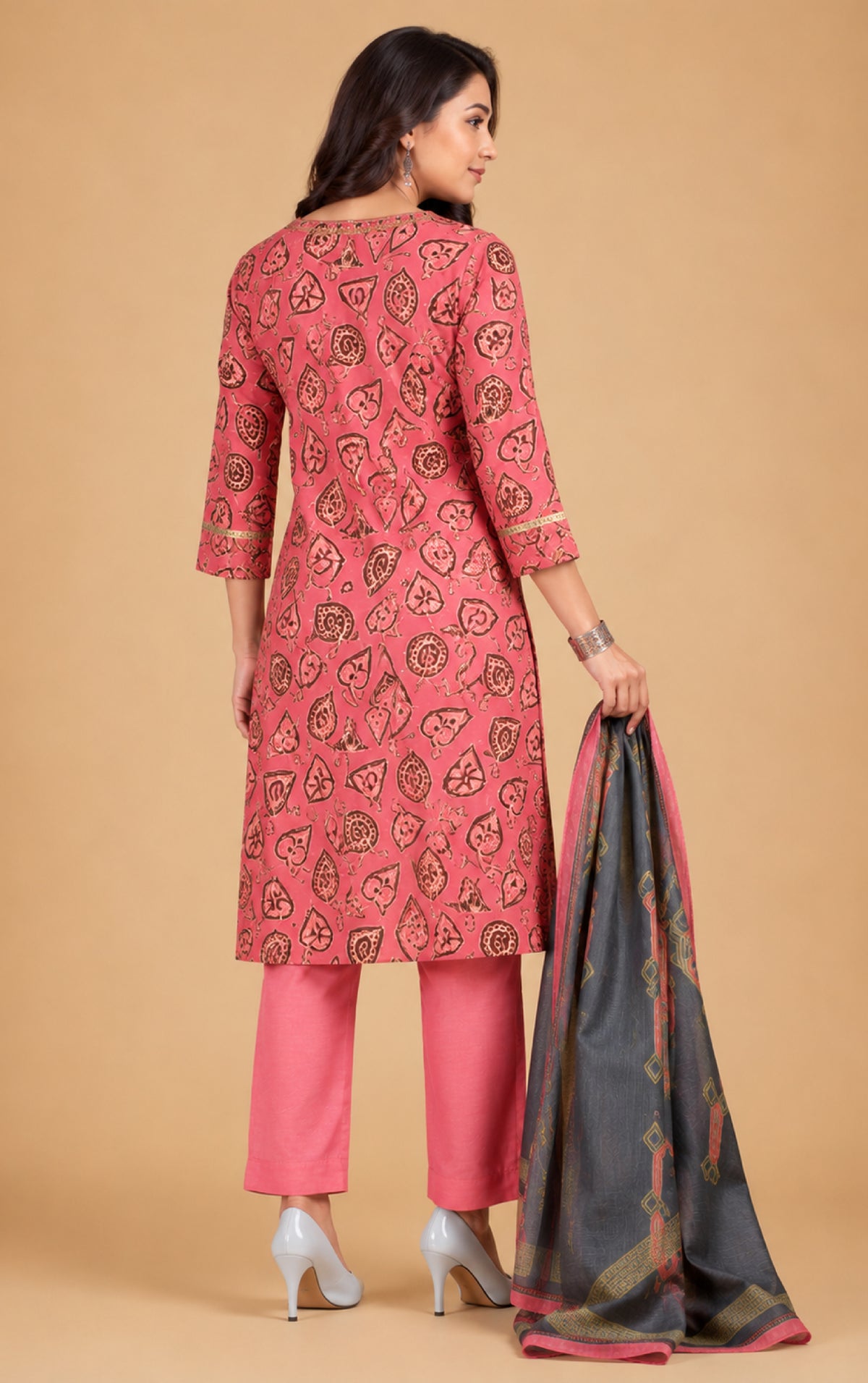 Emilia Women Floral Printed Modal Kurta with V-Neck and Three-Quarter Sleeves, Plain Salwar with Elasticated Waistband and Modal Dupatta Ethnic Set