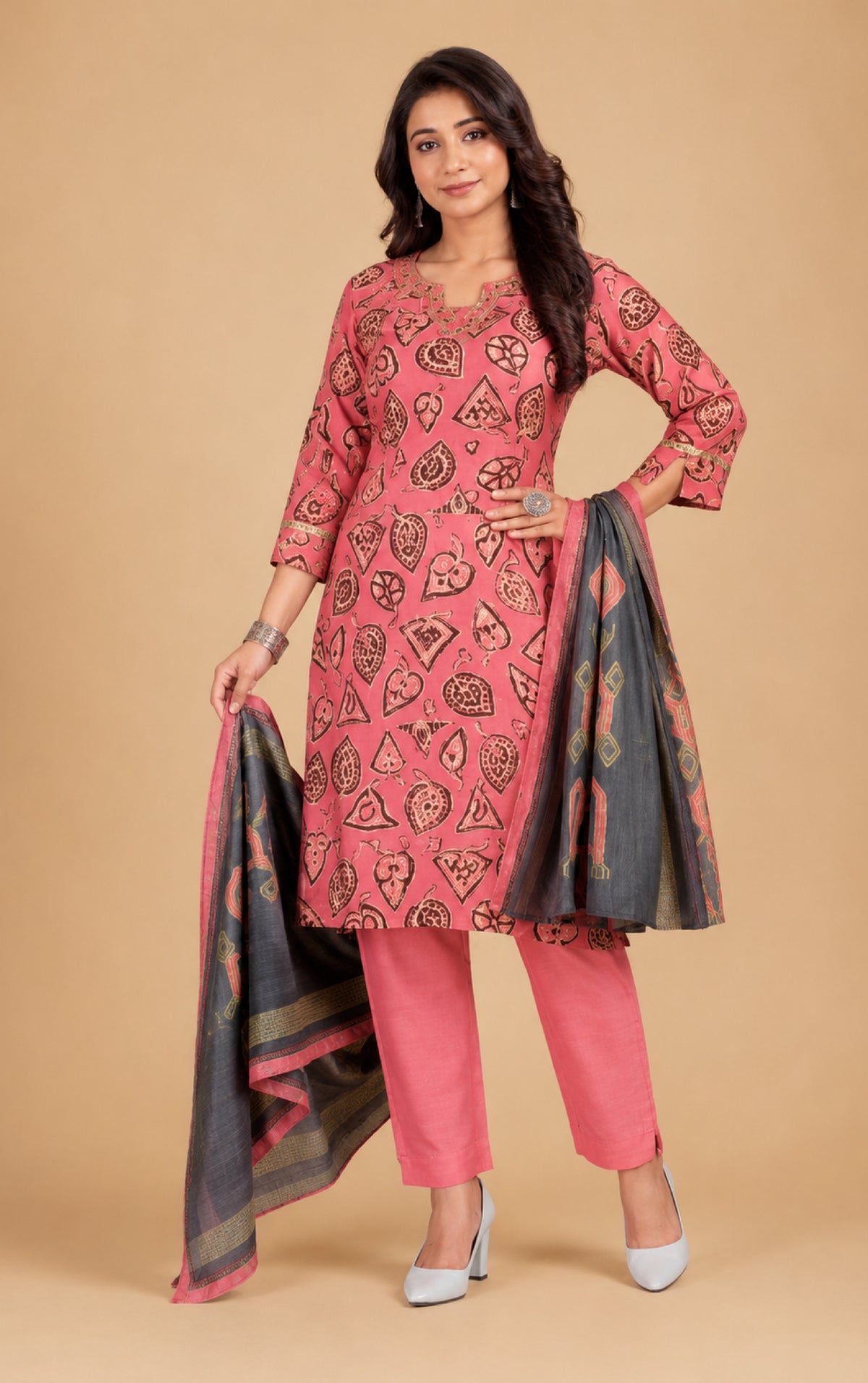 Emilia Women Floral Printed Modal Kurta with V-Neck and Three-Quarter Sleeves, Plain Salwar with Elasticated Waistband and Modal Dupatta Ethnic Set