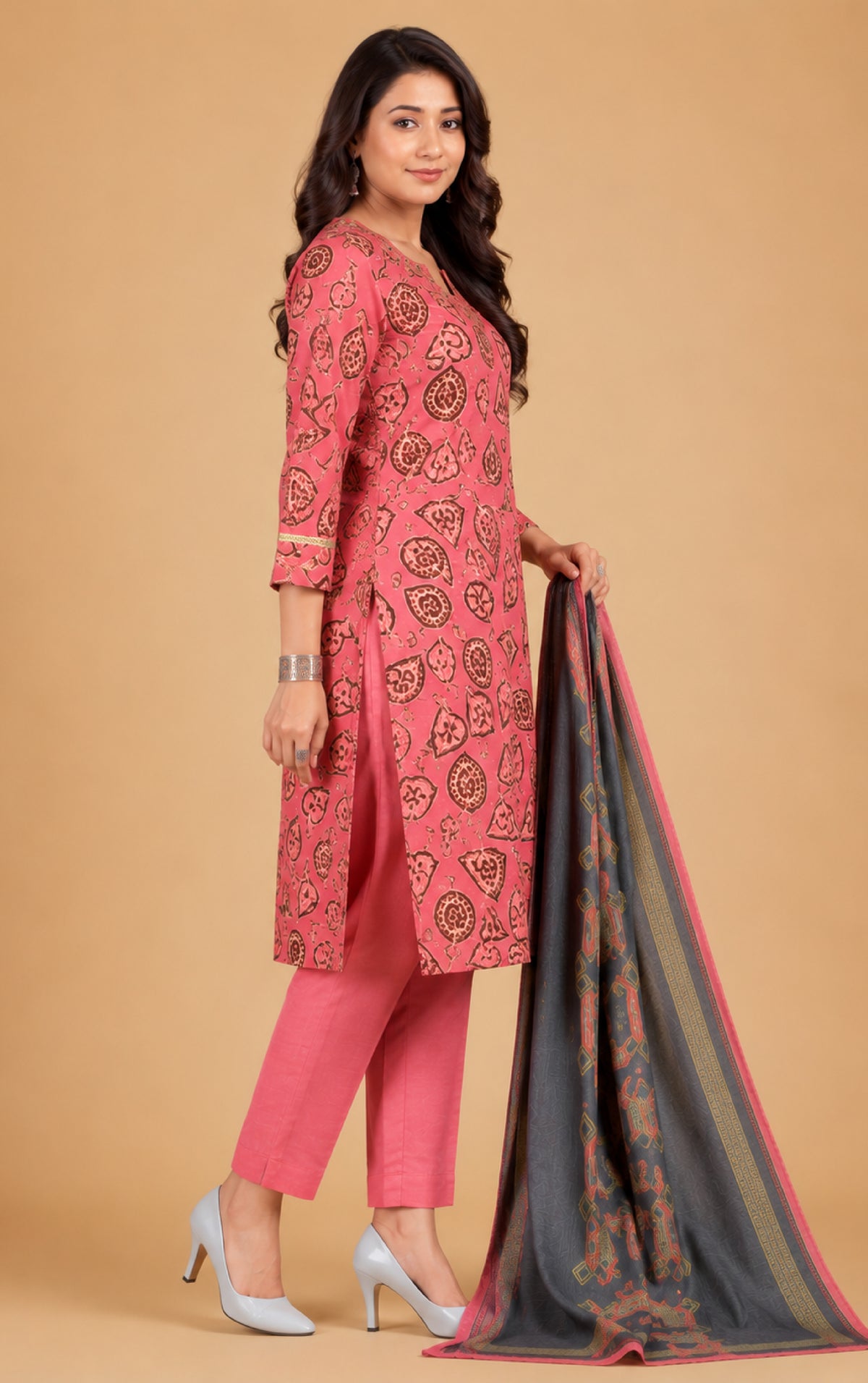 Emilia Women Floral Printed Modal Kurta with V-Neck and Three-Quarter Sleeves, Plain Salwar with Elasticated Waistband and Modal Dupatta Ethnic Set