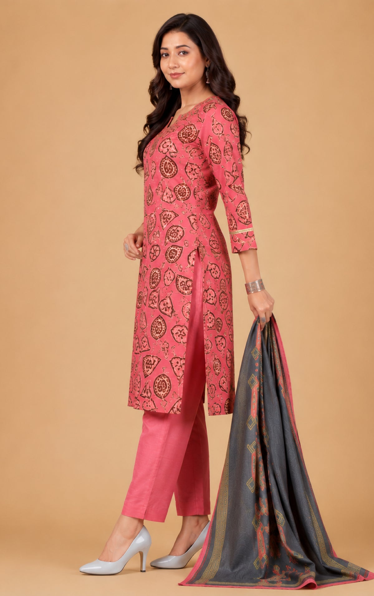 Emilia Women Floral Printed Modal Kurta with V-Neck and Three-Quarter Sleeves, Plain Salwar with Elasticated Waistband and Modal Dupatta Ethnic Set