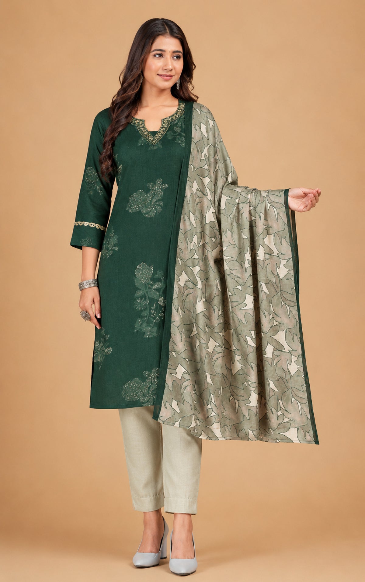 Emilia Women Floral Printed Modal Kurta with V-Neck and Three-Quarter Sleeves, Plain Salwar with Elasticated Waistband and Modal Dupatta Ethnic Set