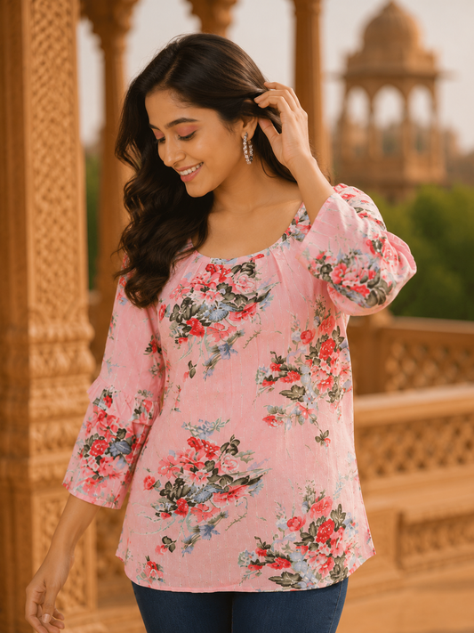 Minu Fashions Casual Floral Print Women Pink Top