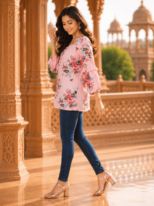 Minu Fashions Casual Floral Print Women Pink Top (Short Kurti)