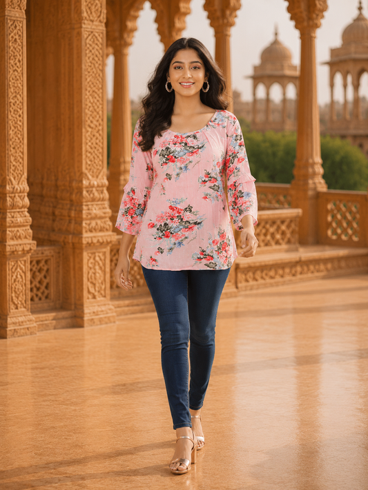 Minu Fashions Casual Floral Print Women Pink Top (Short Kurti)