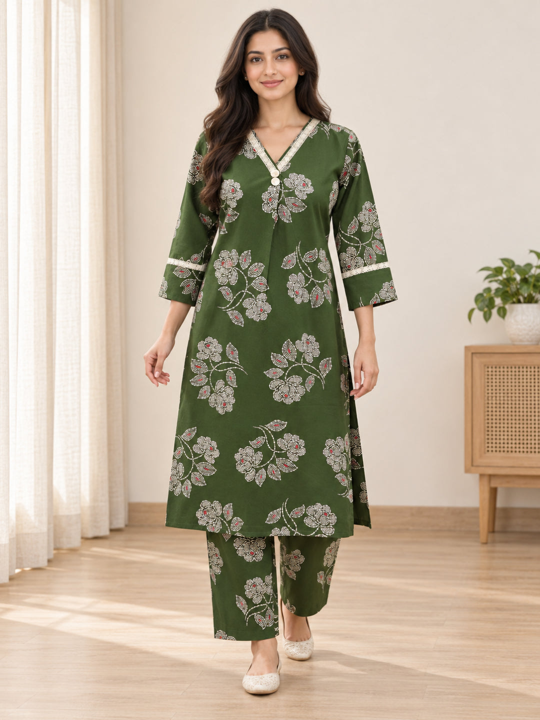 Anouk Luna Forest Green Pure Cotton Digital Print Co-Ord Set for Women | V Neck Lace Work Straight Fit Top with Elasticated Waist Trouser
