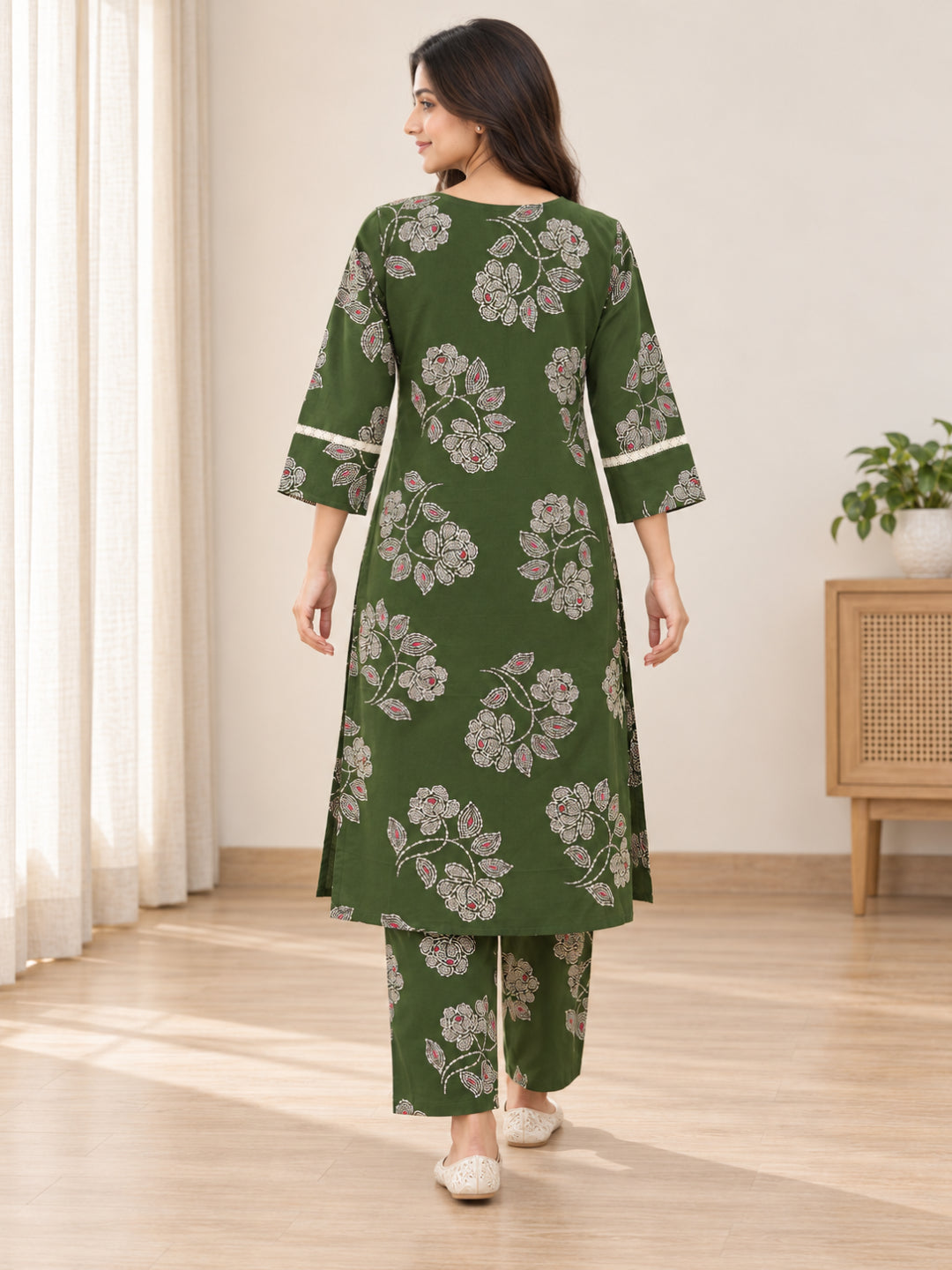 Anouk Luna Forest Green Pure Cotton Digital Print Co-Ord Set for Women | V Neck Lace Work Straight Fit Top with Elasticated Waist Trouser