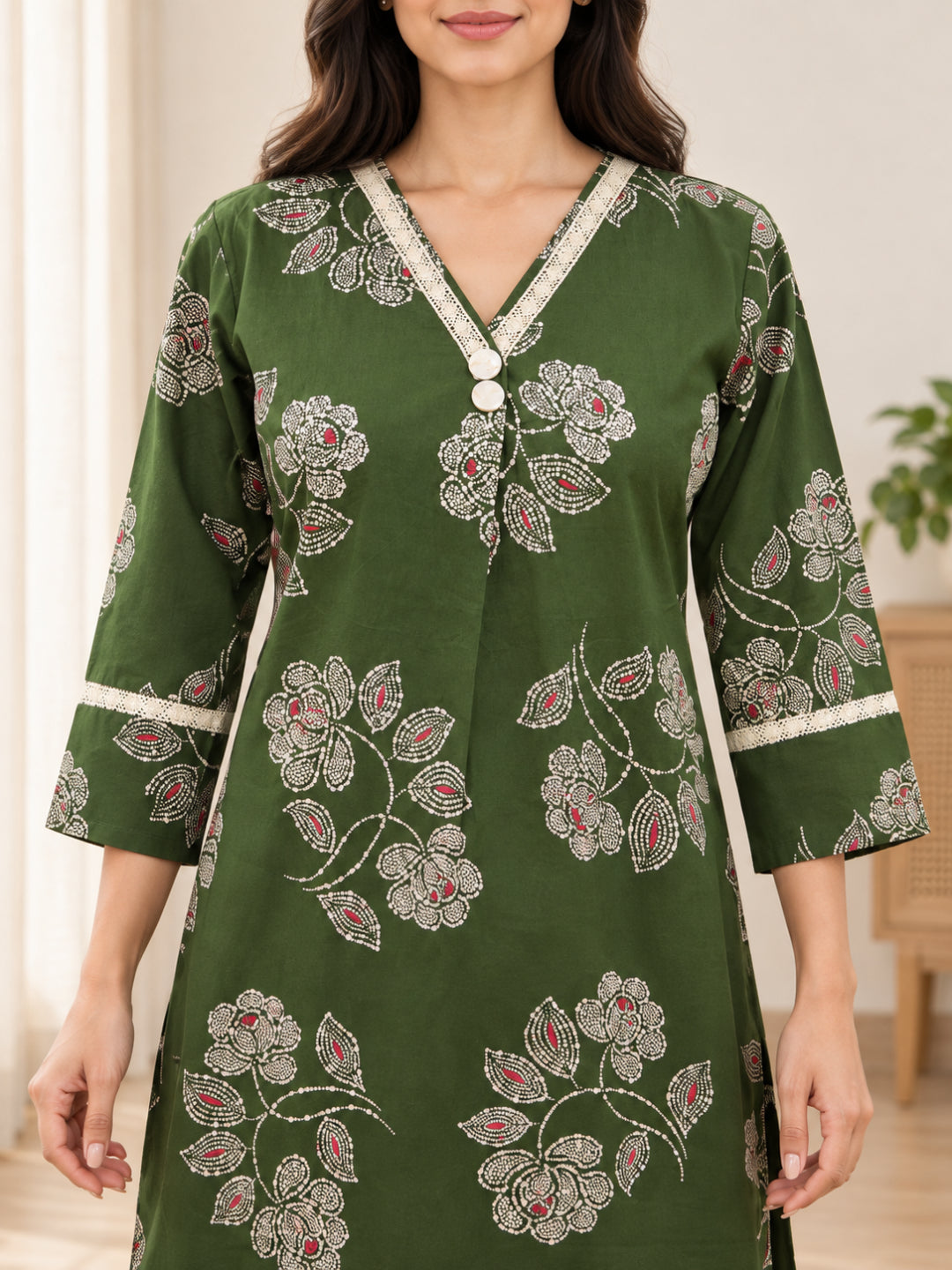 Anouk Luna Forest Green Pure Cotton Digital Print Co-Ord Set for Women | V Neck Lace Work Straight Fit Top with Elasticated Waist Trouser