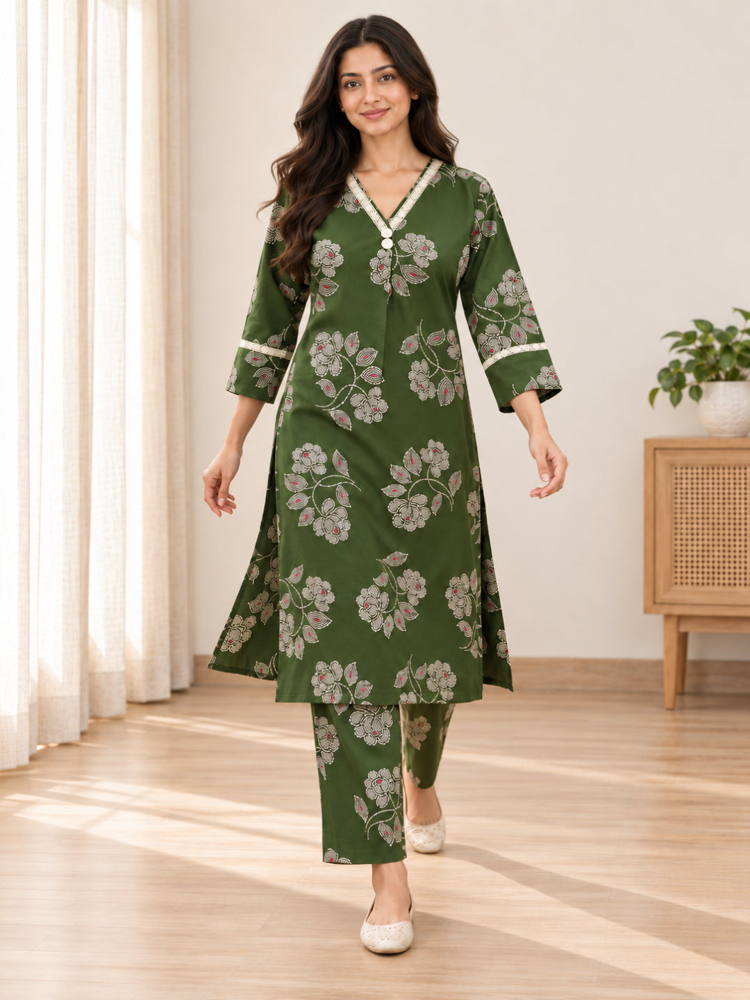 Anouk Luna Forest Green Pure Cotton Digital Print Co-Ord Set for Women | V Neck Lace Work Straight Fit Top with Elasticated Waist Trouser