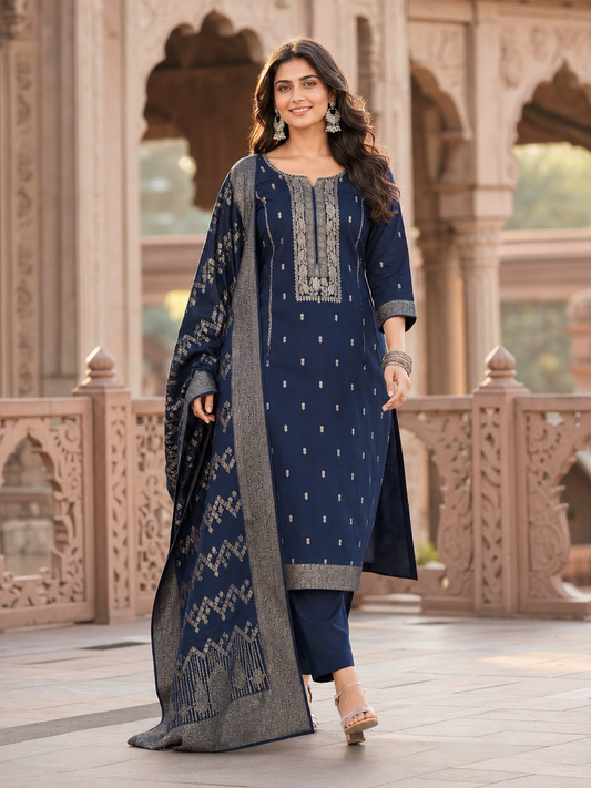 Women's Navy Blue Pure Cotton Woven Design Kurta with Trousers & Dupatta